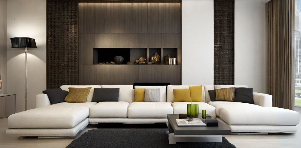 Living room with white sofa set and wooden wall paneling-Beautiful Homes