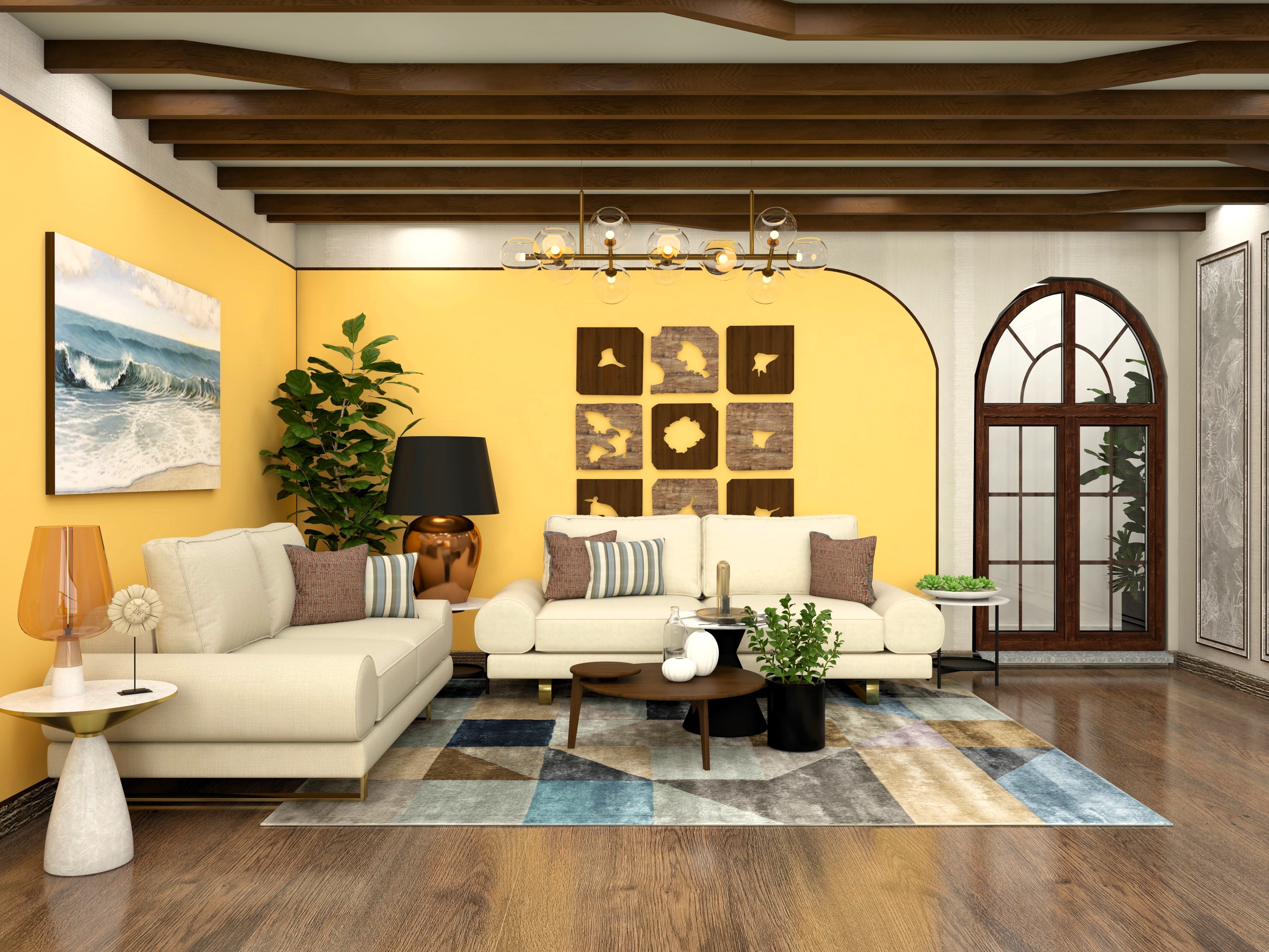 Living room with white sofa set and yellow walls-Beautiful Homes