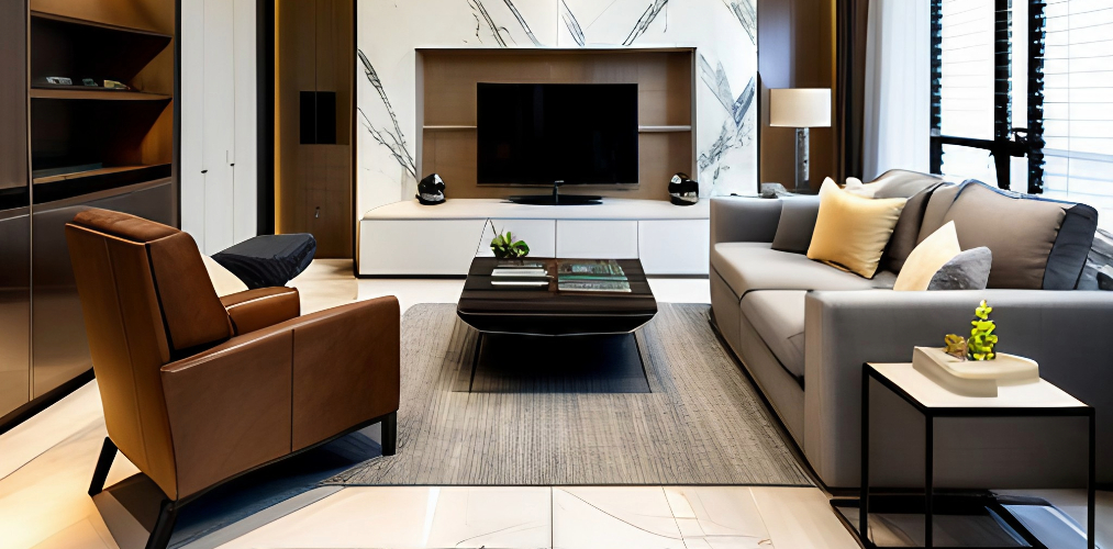 Living room with white tv cabinet and marble flooring-Beautiful Homes
