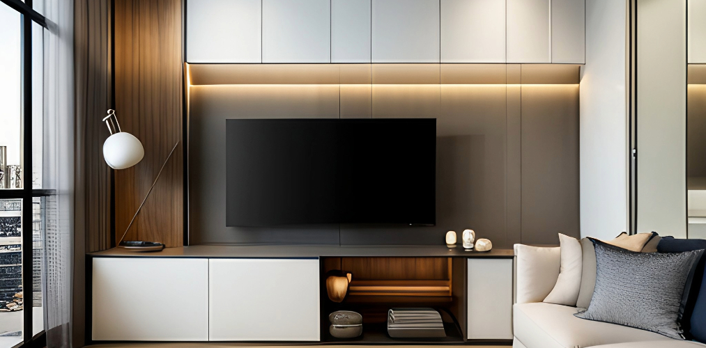 Living room with white tv unit and media stand-Beautiful Homes
