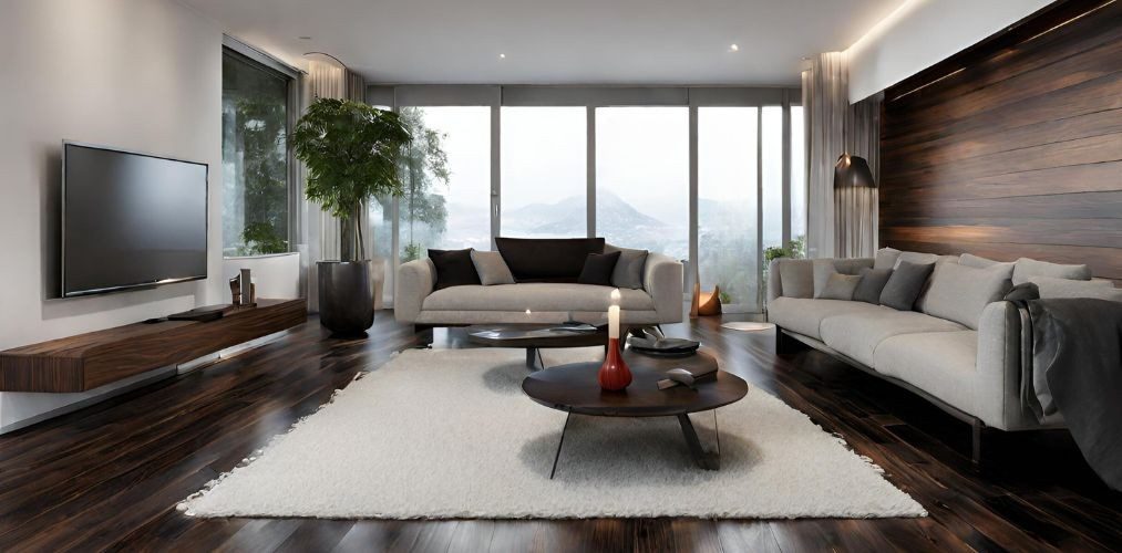 Living room with wooden flooring and wooden TV unit - Beautiful Homes