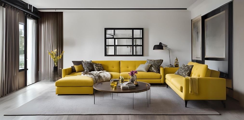 Living room with yellow sofas and center table - Beautiful Homes