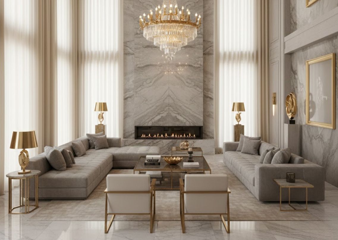Living room with chandelier, grey sofa, and marble décor - Beautiful Homes