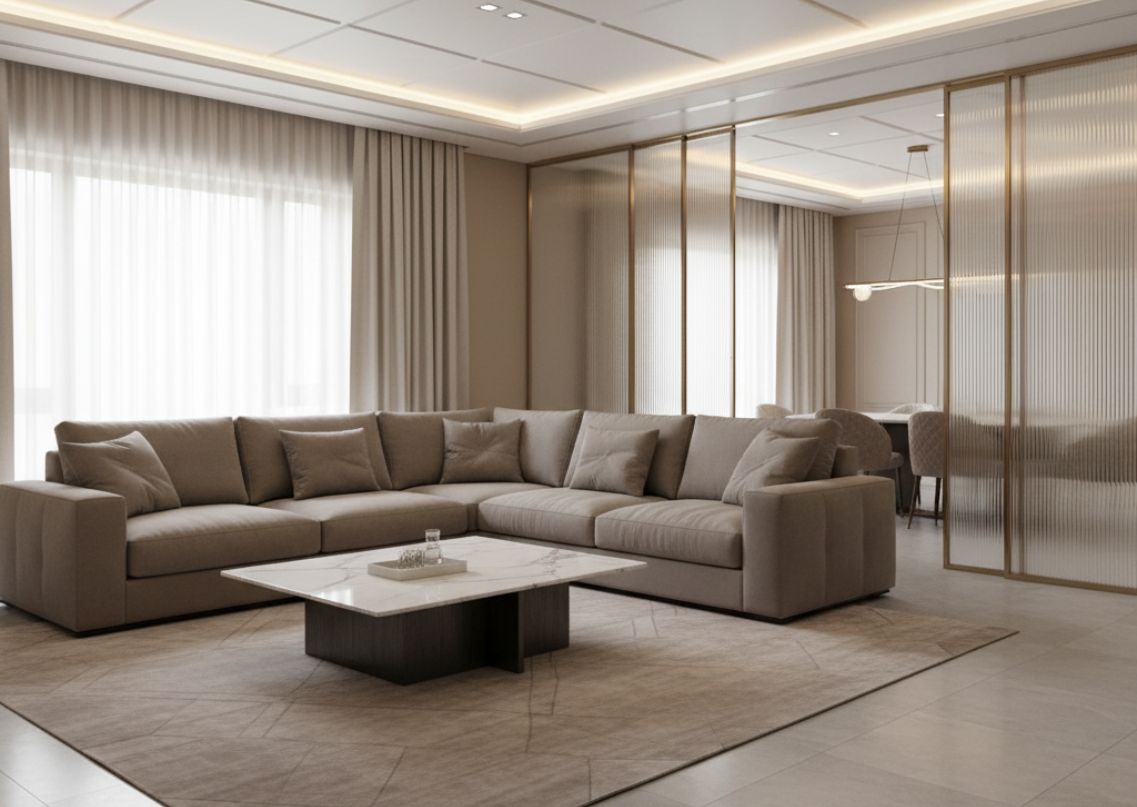 Living room with beige sofa and marble table - Beautiful Homes