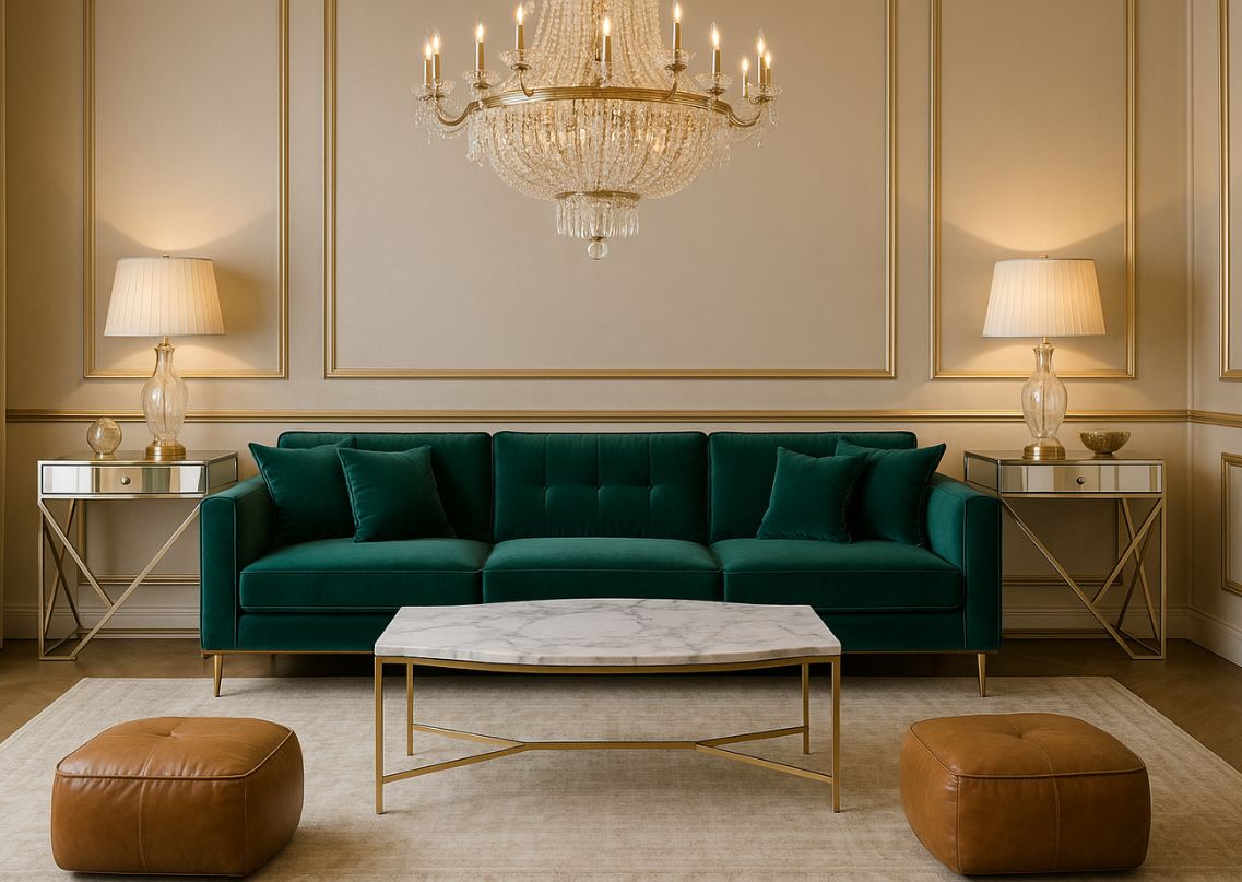 Green sofa with marble table and chandelier - Beautiful Homes
