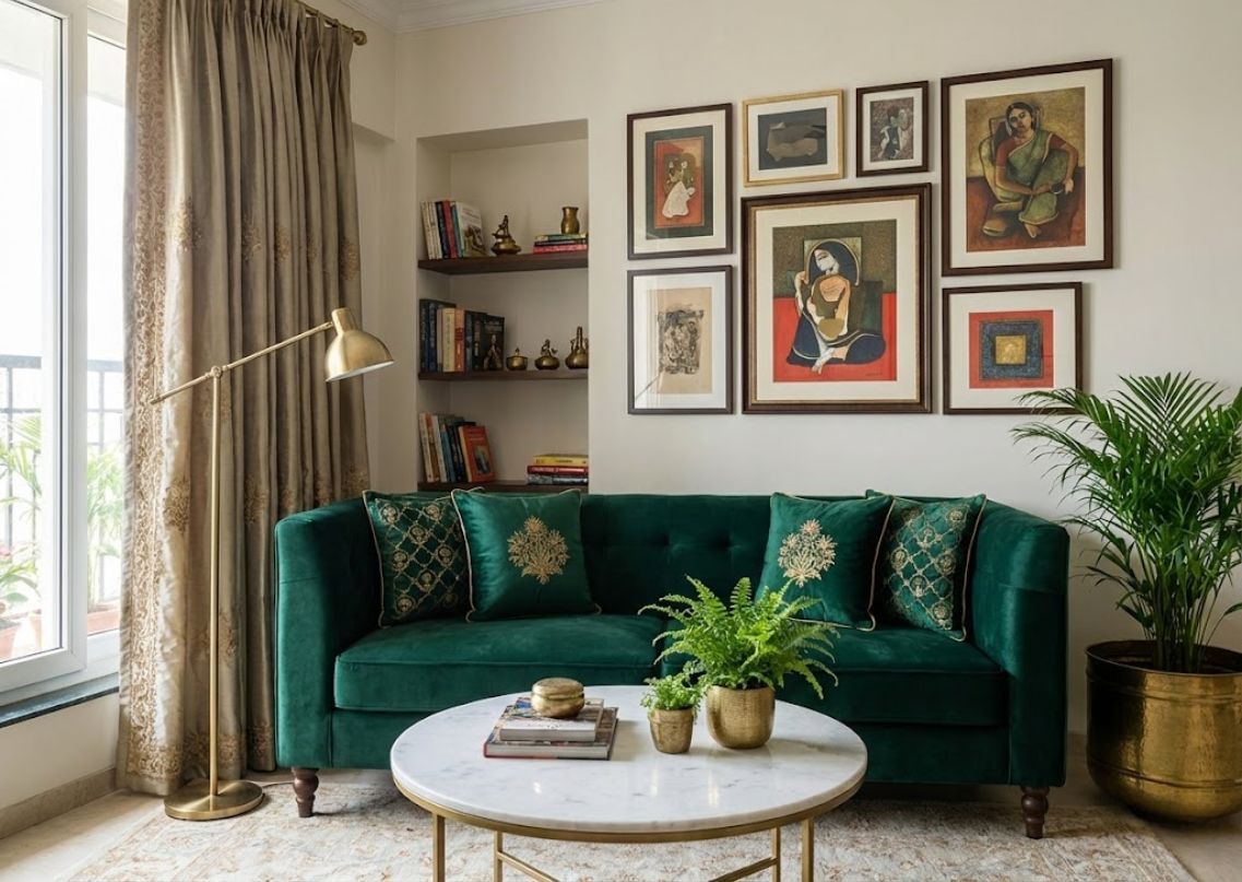 Living room with green sofa and modern décor - Beautiful Homes