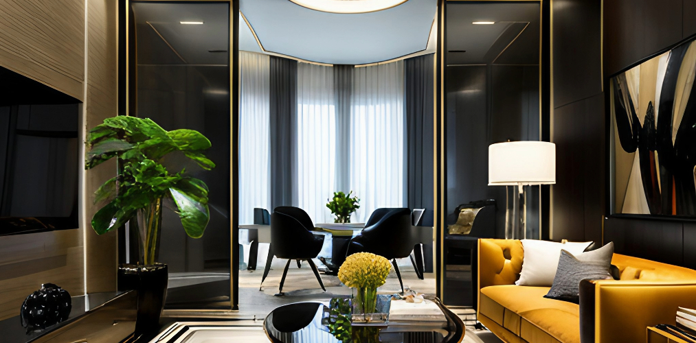 Luxury living room design with black and gold accents-Beautiful Homes
