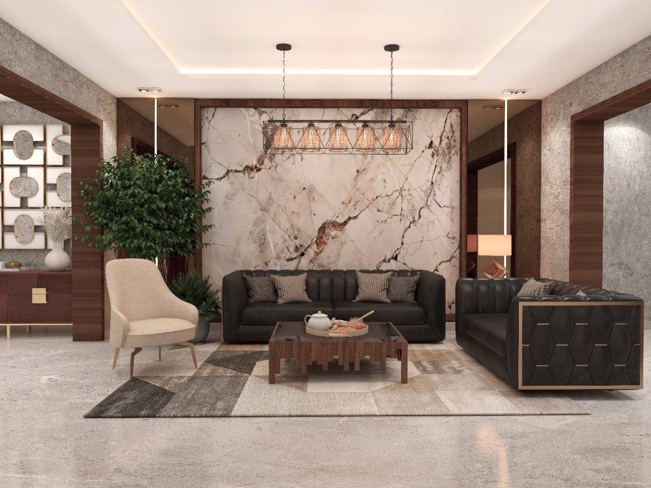 Luxury living room with black leather sofas and marble wall paneling - Beautiful Homes