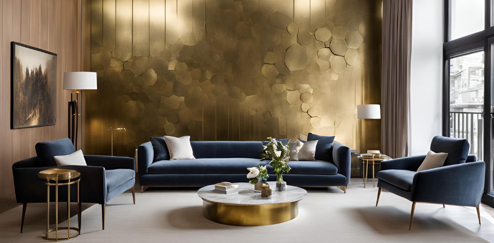 Luxury living room with blue sofa and brass wall mural - Beautiful Homes