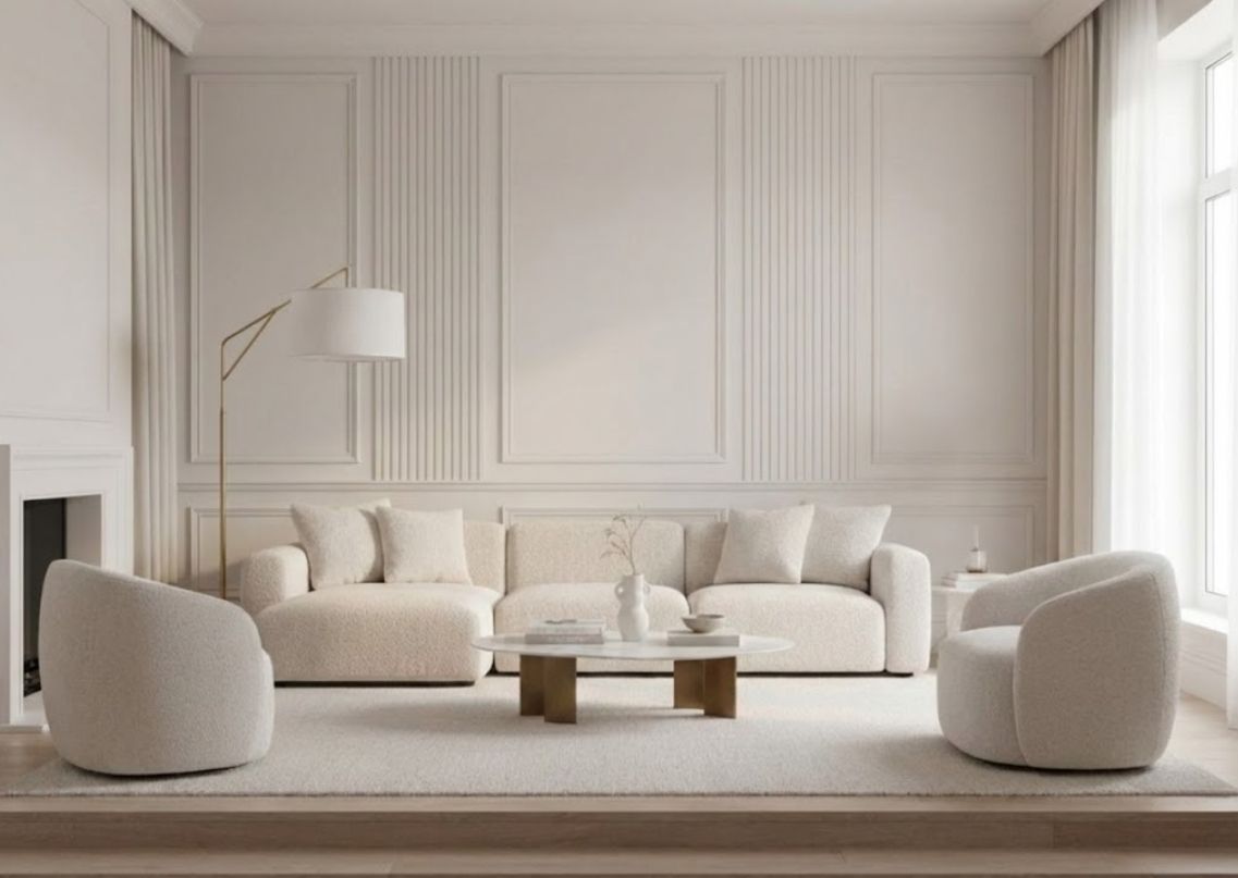 Minimal living room with white sofa and marble table - Beautiful Homes