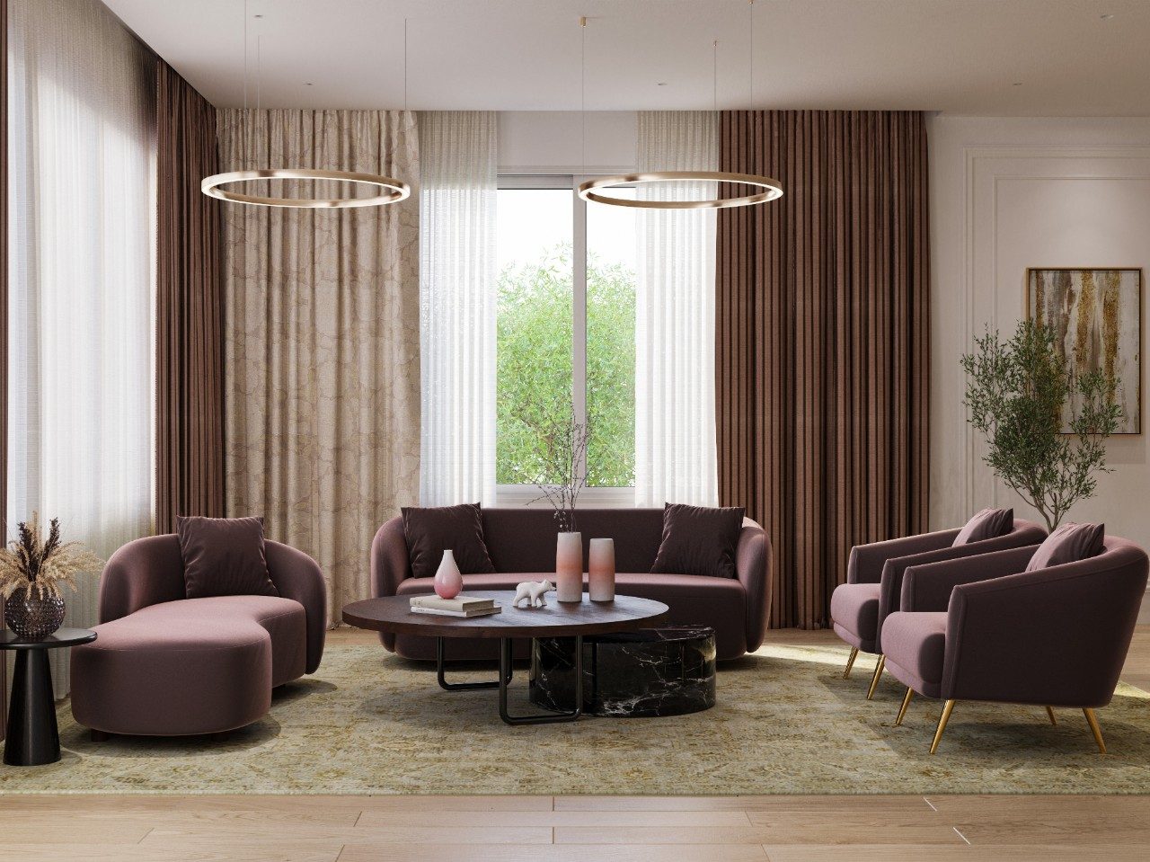 Purple sofa living room with chandelier light - Beautiful Homes