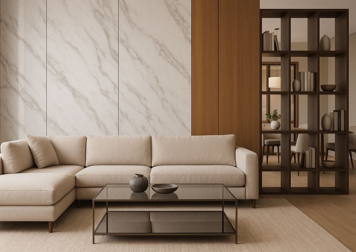 Living room with beige sofa and wooden accents - Beautiful Homes