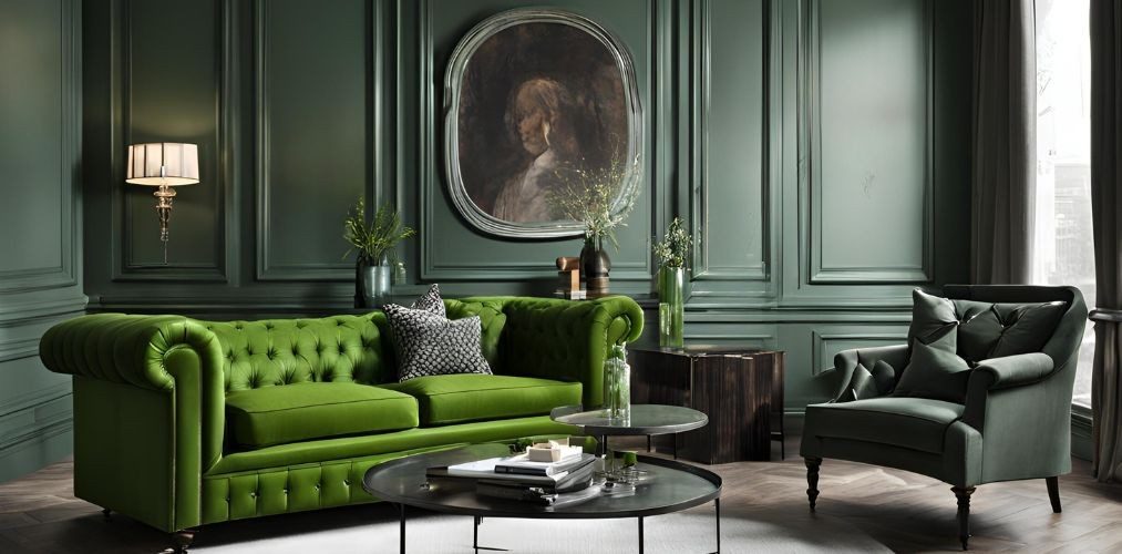 Luxury living room with green chesterfield sofa - Beautiful Homes