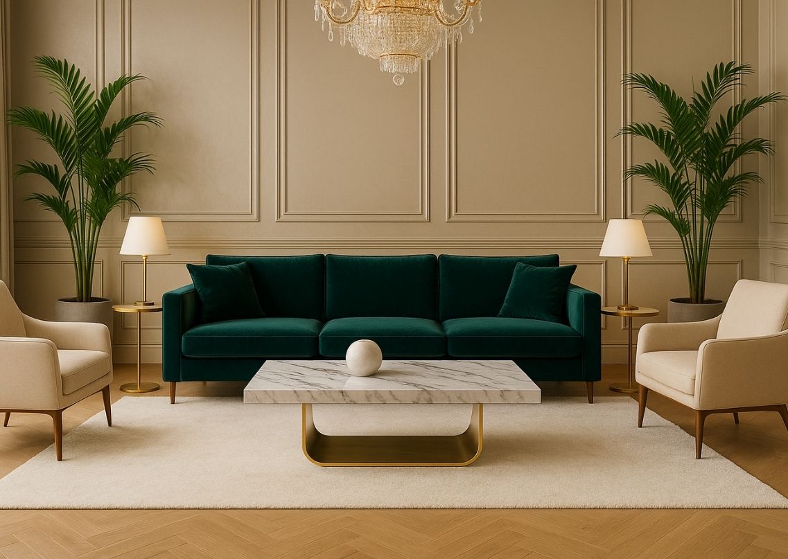 Living room with green sofa and marble table - Beautiful Homes