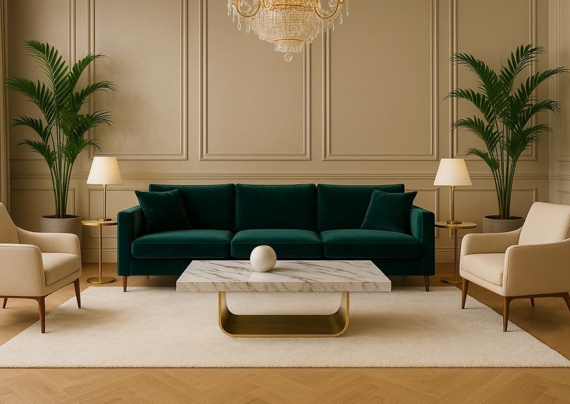 Living room with green sofa and marble table - Beautiful Homes