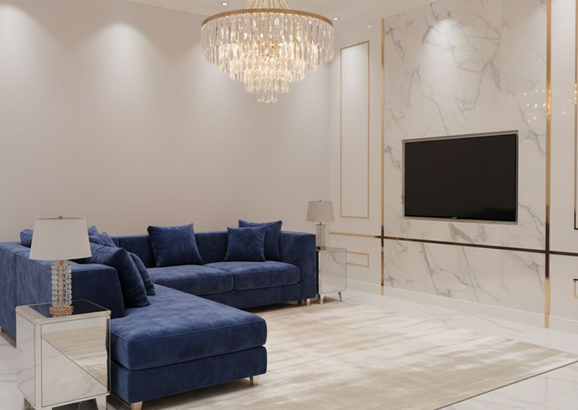 Elegant living room with blue sofa and chandelier - Beautiful Homes