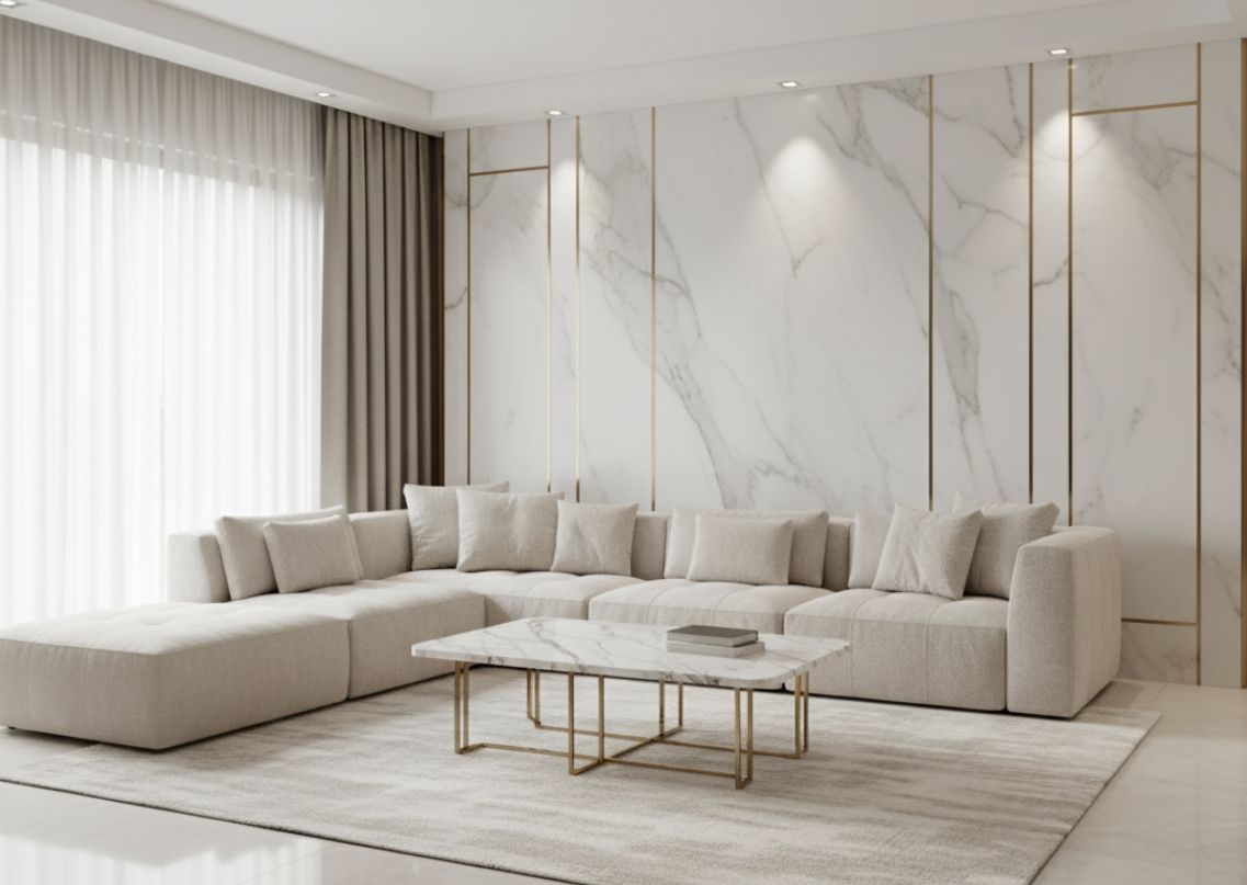 Modern living room with beige sofa and marble accents - Beautiful Homes
