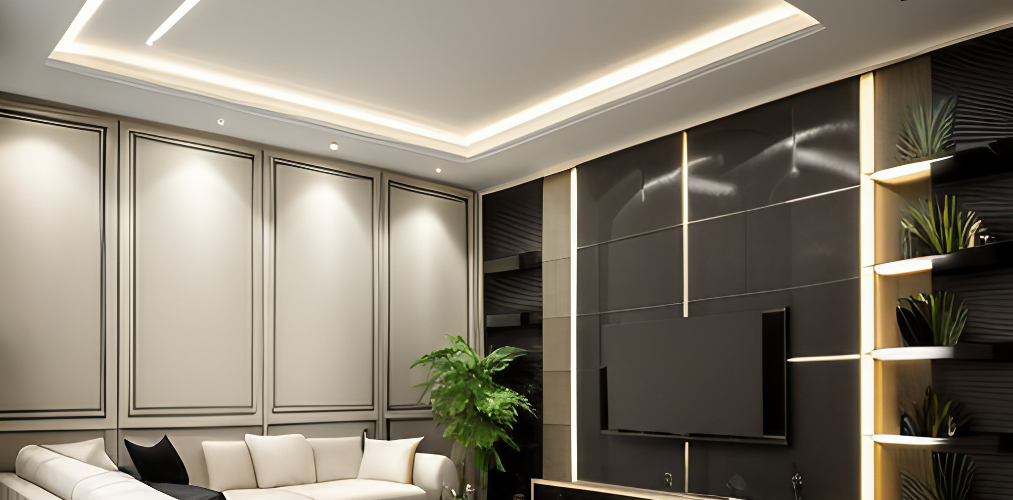 Modern living room with wall paneling and false ceiling-Beautiful Homes