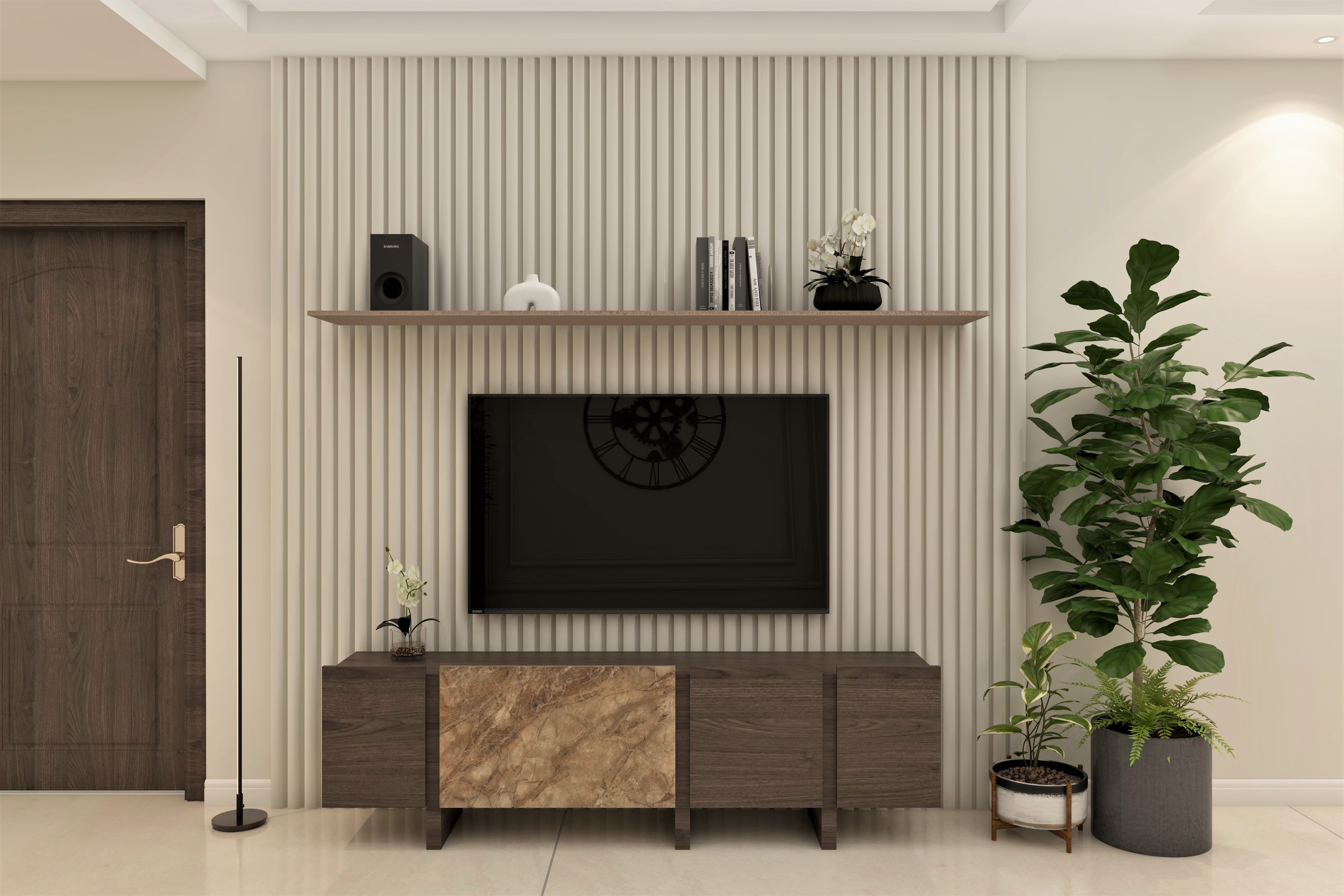 Wooden tv unit with shelf and wall paneling-Beautiful Homes
