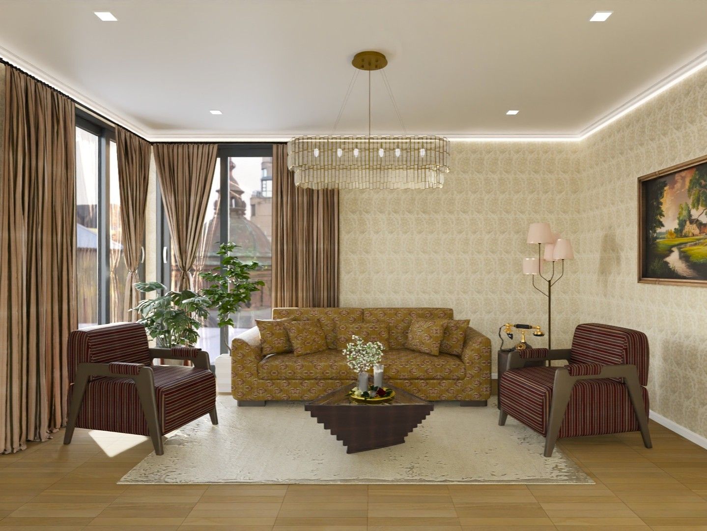 Traditional living room featuring patterned furniture and a gold chandelier - Beautiful Homes