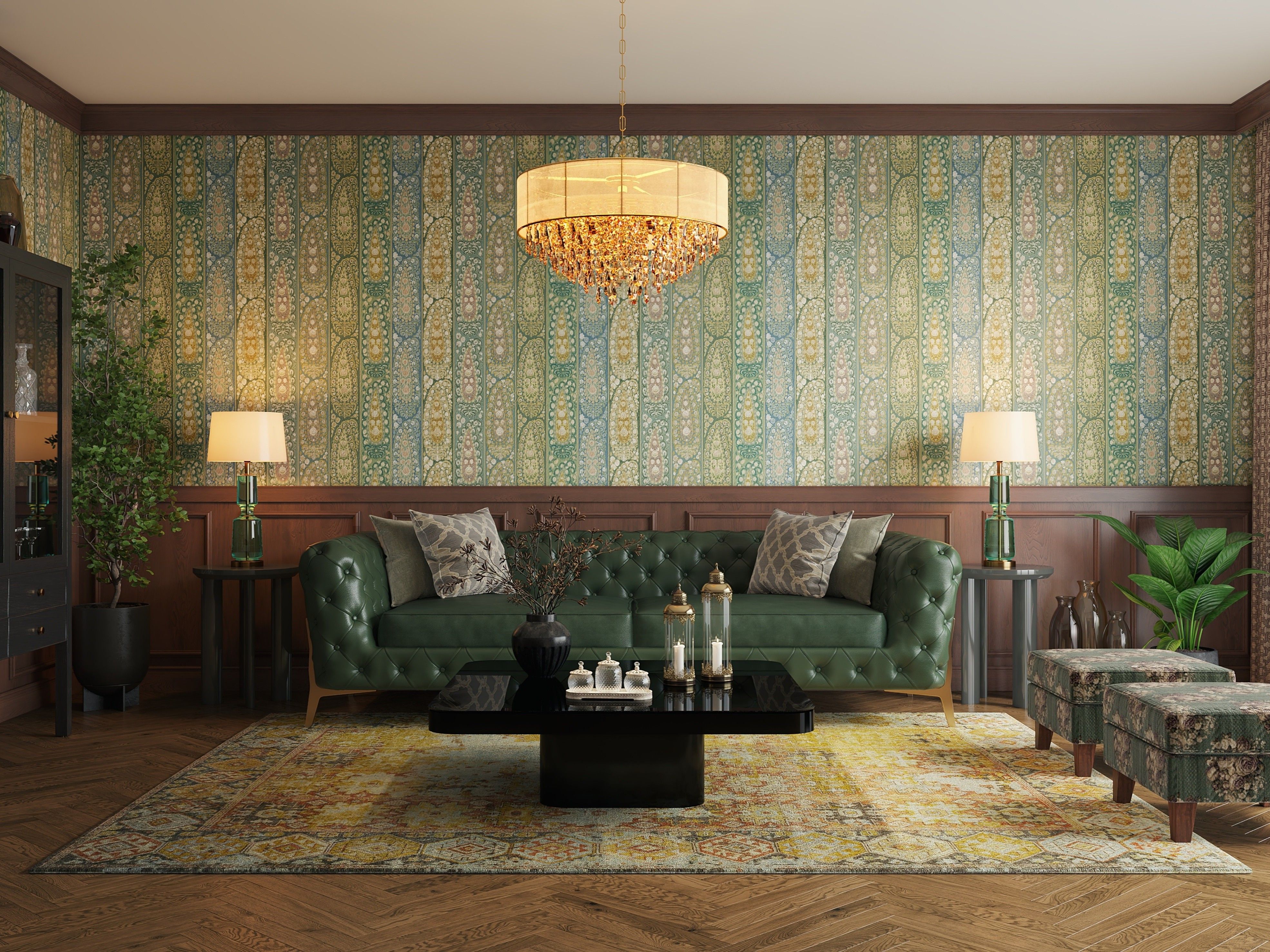 Luxurious living room featuring a tufted green sofa, patterned wallpaper, and a crystal chandelier - Beautiful Homes