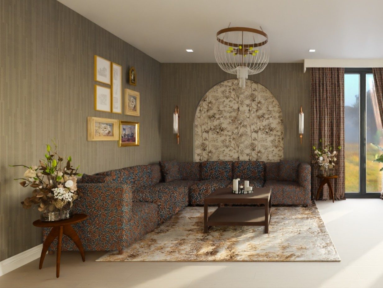 Living room with patterned sofa and floral accents - Beautiful Homes