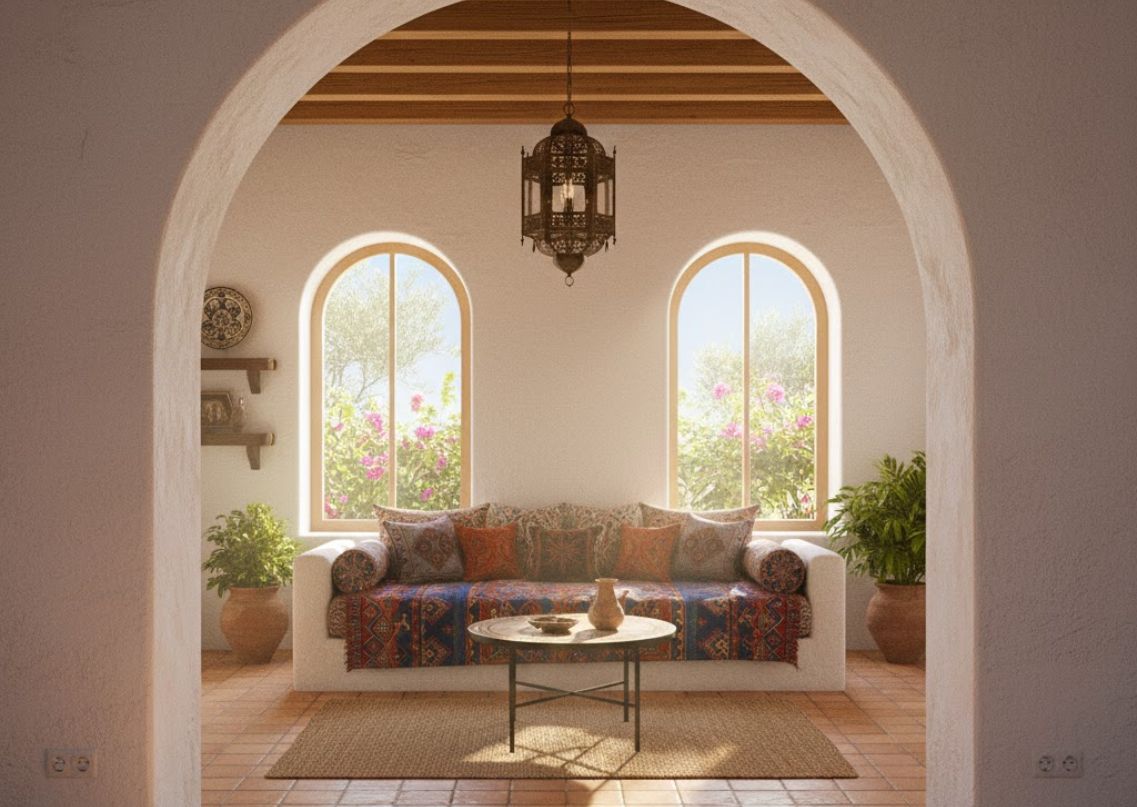Living room with sofa, arch windows, and wood ceiling - Beautiful Homes