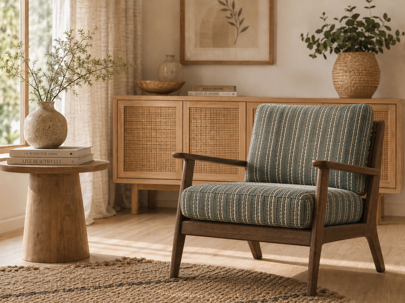Mid-century style accent chair with a dark wooden frame and vertically striped upholstery in slate blue, cream, and beige - Beautiful Homes