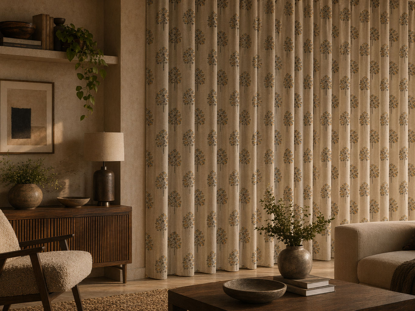 Floor-to-ceiling beige linen curtains with a repeating tree motif - Beautiful Homes