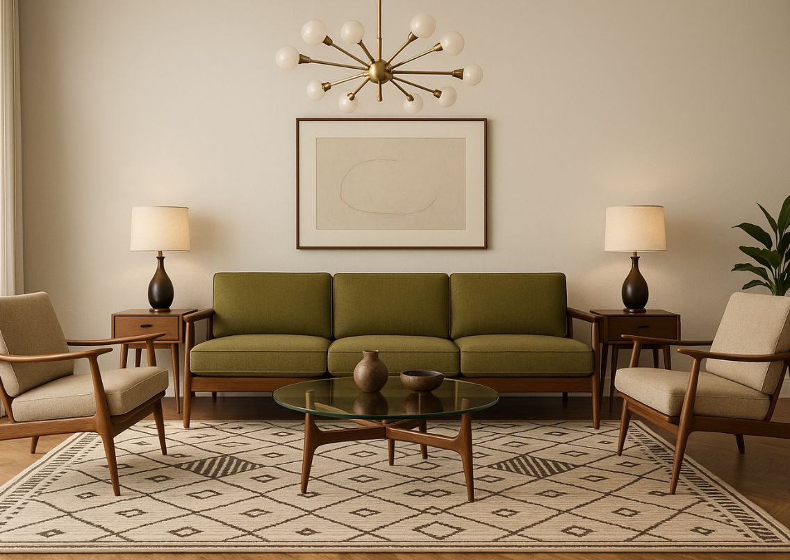 Living room with green sofa and modern décor - Beautiful Homes