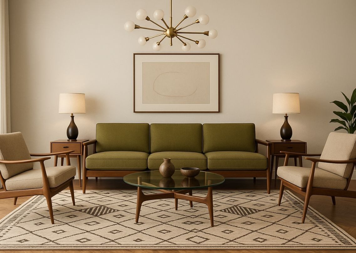 Living room with green sofa and modern décor - Beautiful Homes