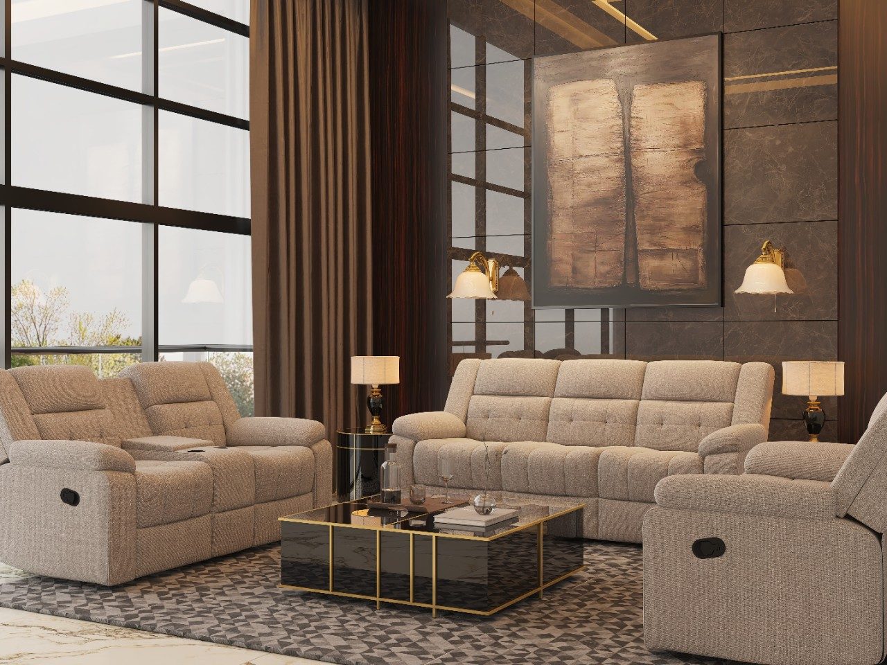 Living room with beige recliners and glass table - Beautiful Homes