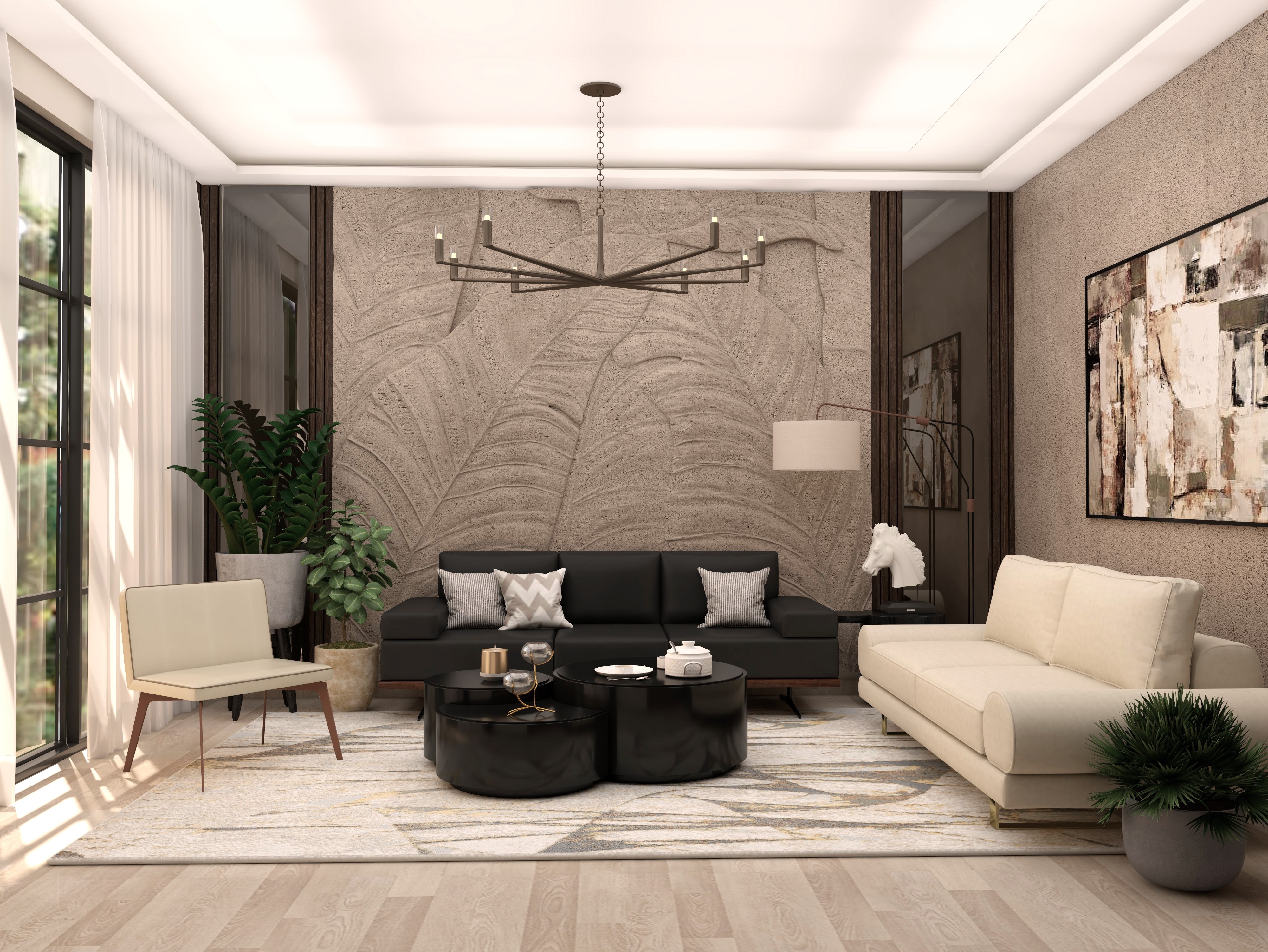 Modern living room with black leather and beige sofa - Beautiful Homes