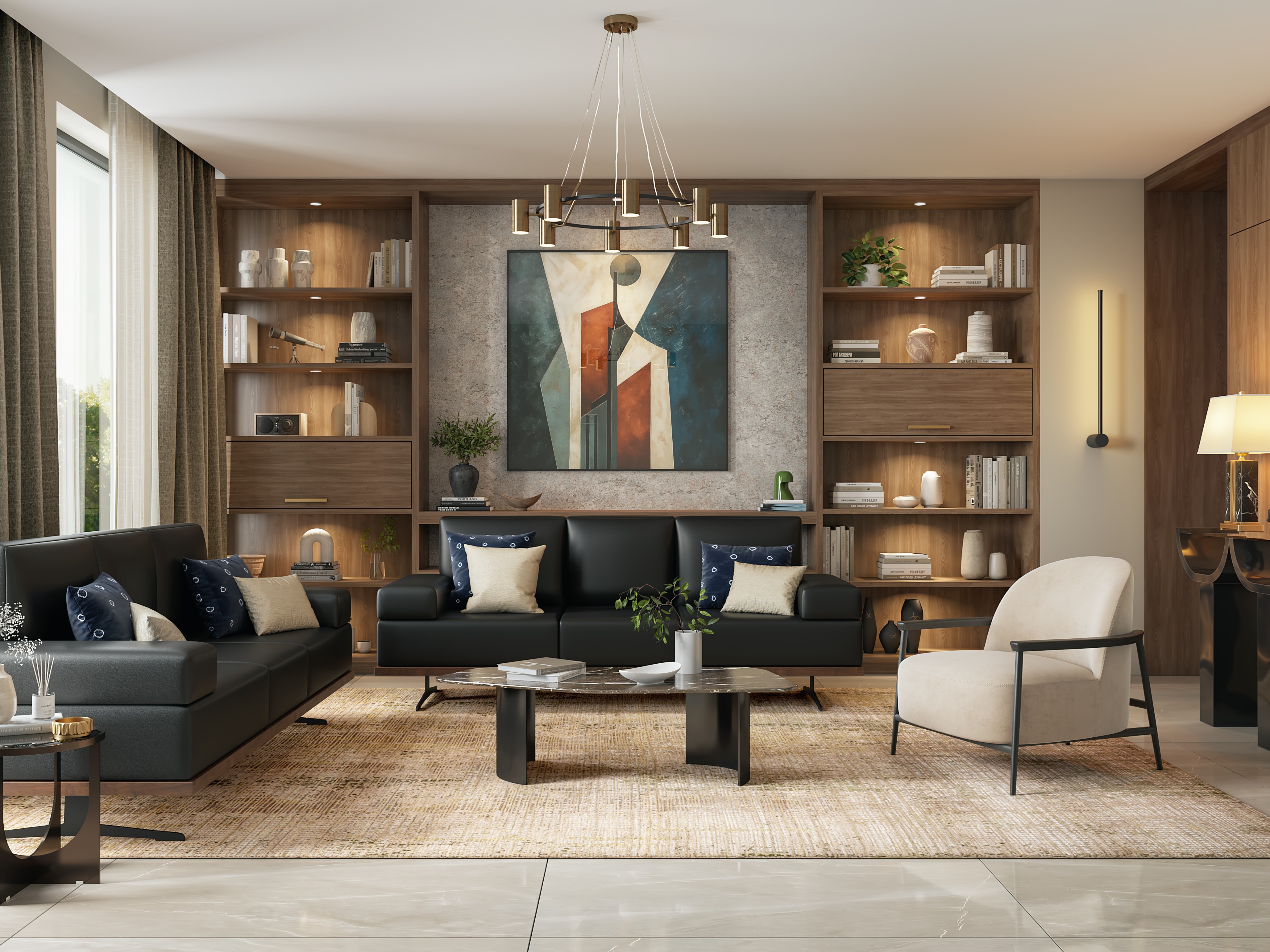 Elegant living room with sofa, armchair, and lighting - Beautiful Homes