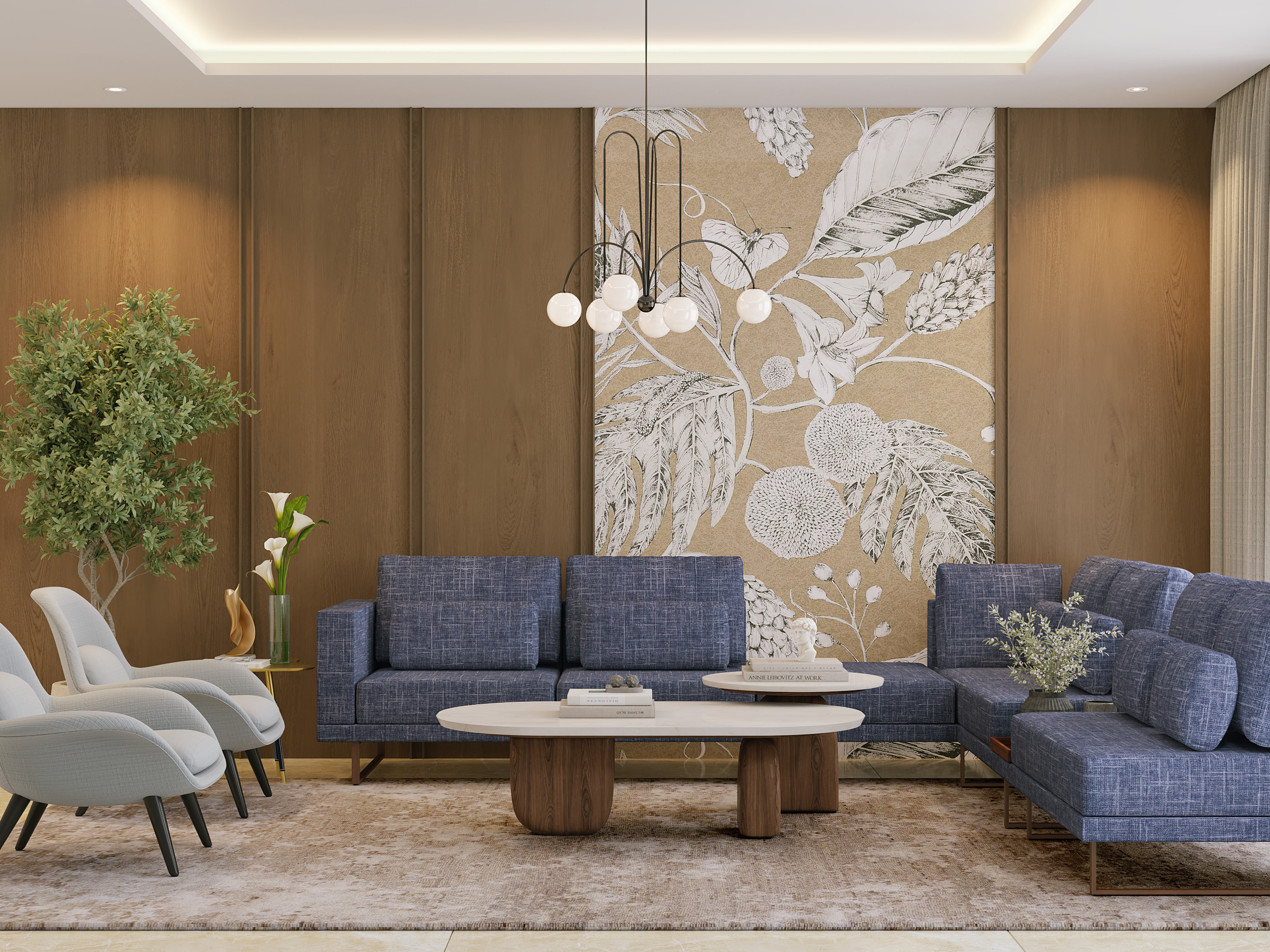 Living room with blue sofa and wooden wall - Beautiful Homes