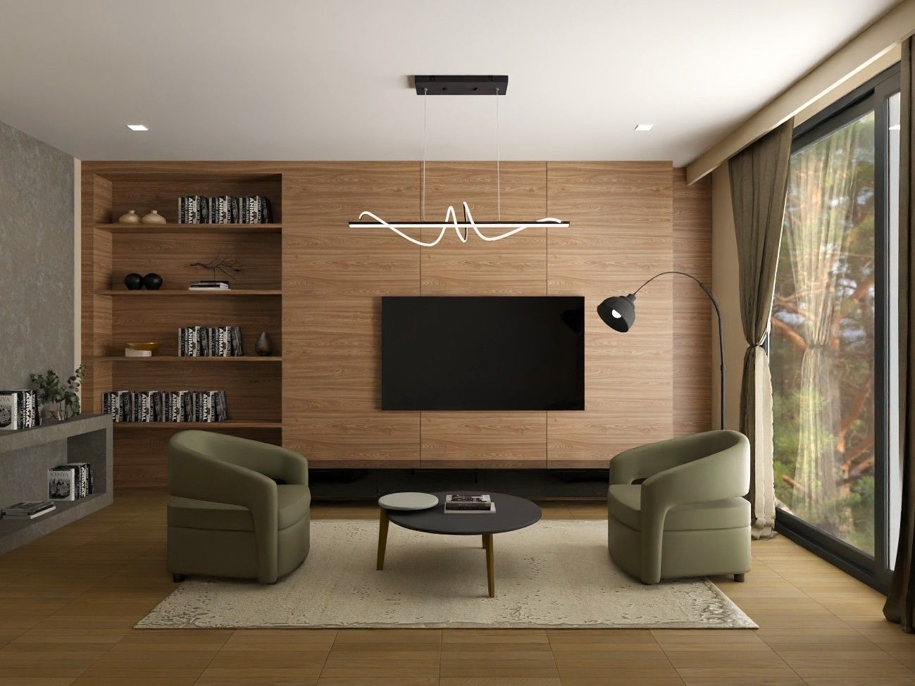 Living room with olive armchairs and a wooden feature wall - Beautiful Homes