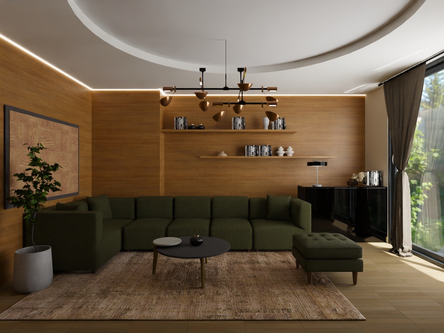 Living room with green sofa and wooden décor - Beautiful Homes