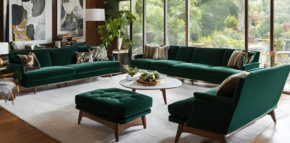 Mid-century modern living room with dark green sofa set - Beautiful Homes