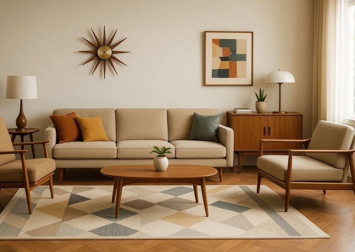 Modern living room with wooden table and beige sofa - Beautiful Homes