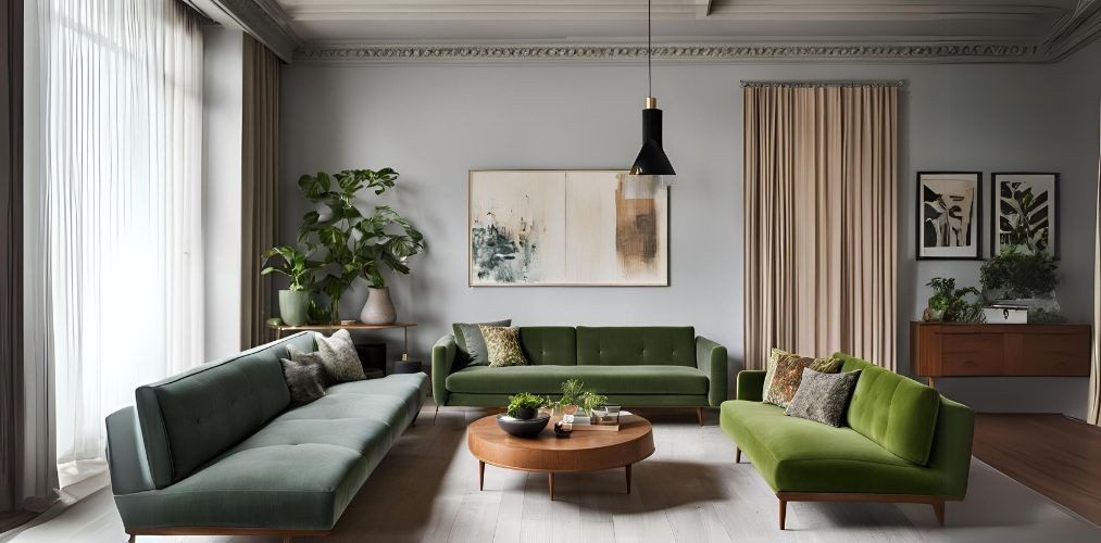 Mid-century modern living room with green sofas and round coffee table - Beautiful Homes