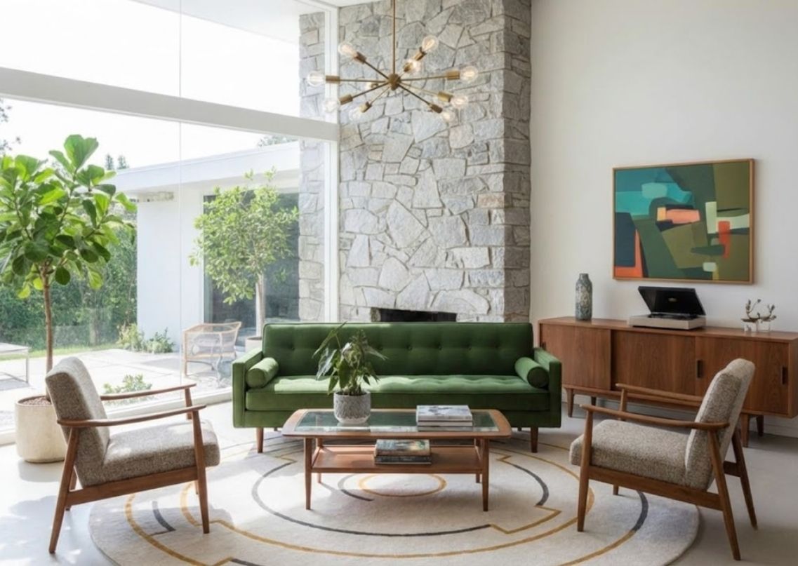 Living room with green sofa and natural light - Beautiful Homes