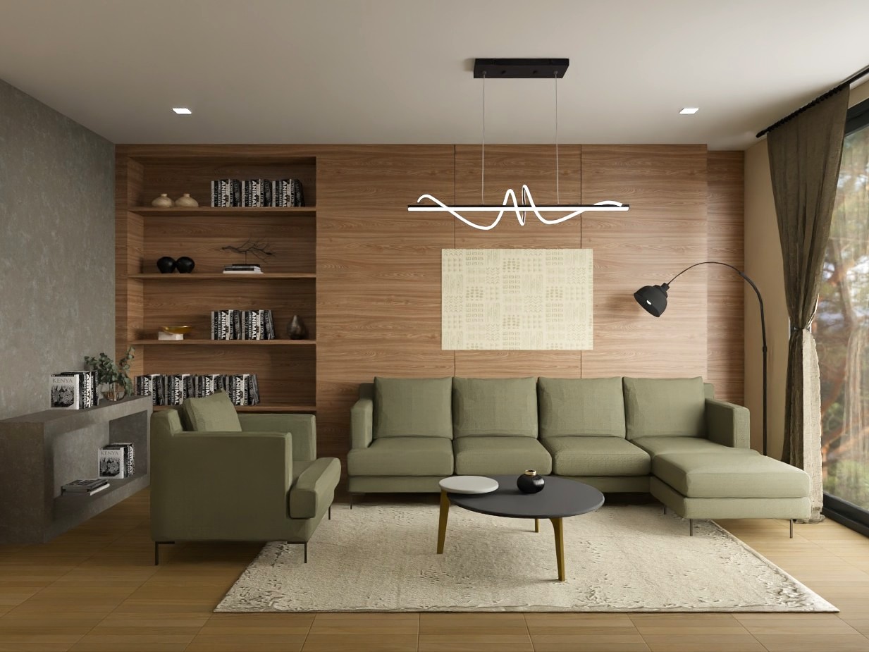 Living room with wooden paneling and olive sofa - Beautiful Homes