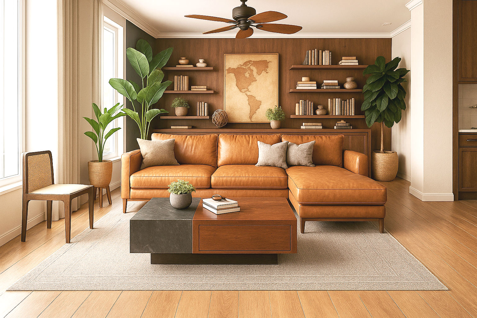 Warm living room featuring a leather sectional, wood paneling, and lush greenery - Beautiful Homes
