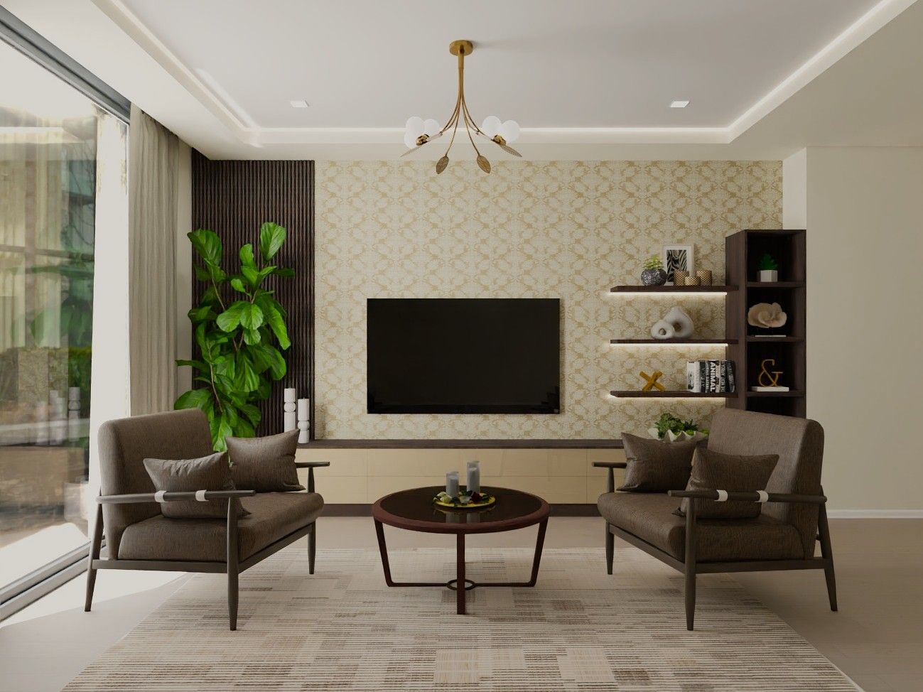 Stylish living room featuring a large TV, floating shelves and gold accents - Beautiful Homes