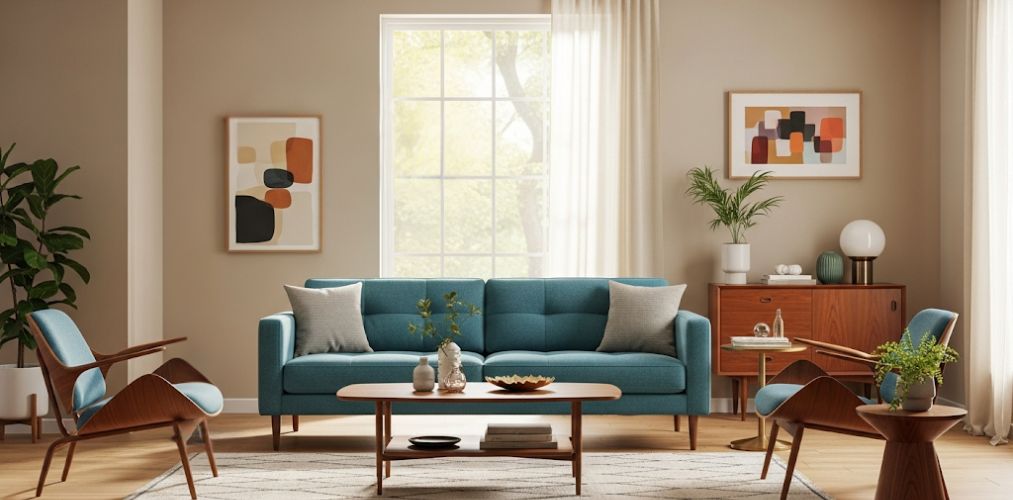 Living room with blue sofa and wooden furniture - Beautiful Homes