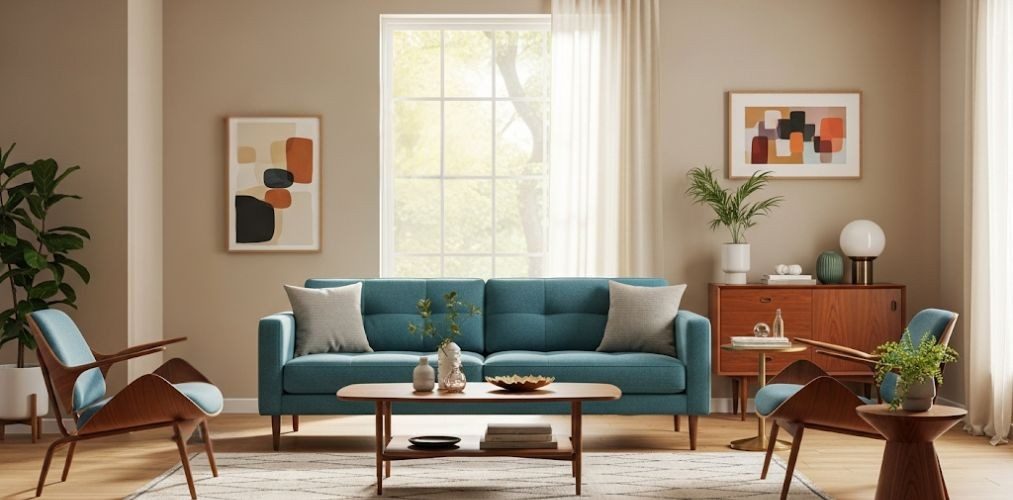 Living room with blue sofa and wooden furniture - Beautiful Homes