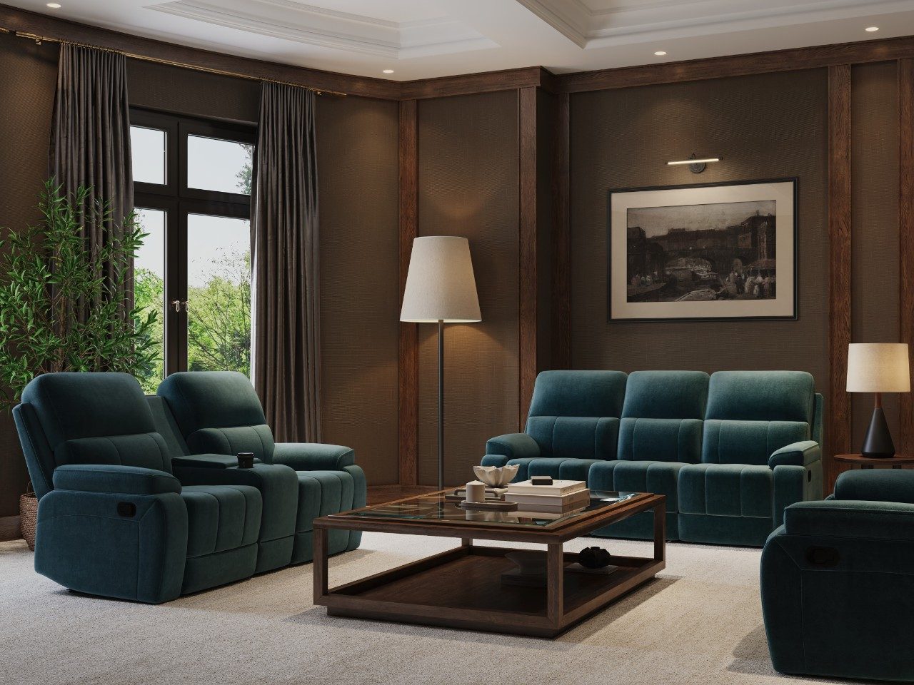 Teal recliner chairs with wooden center table view - Beautiful Homes