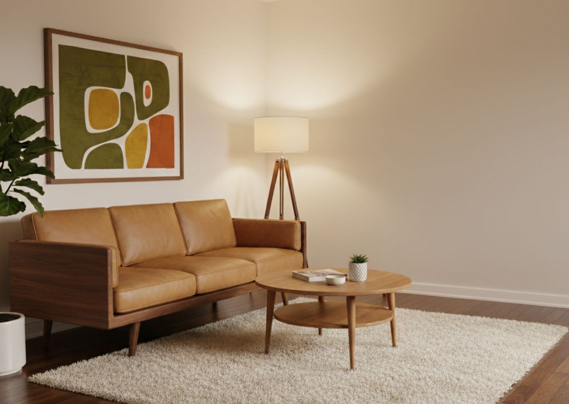 Living room with leather sofa and wooden décor - Beautiful Homes