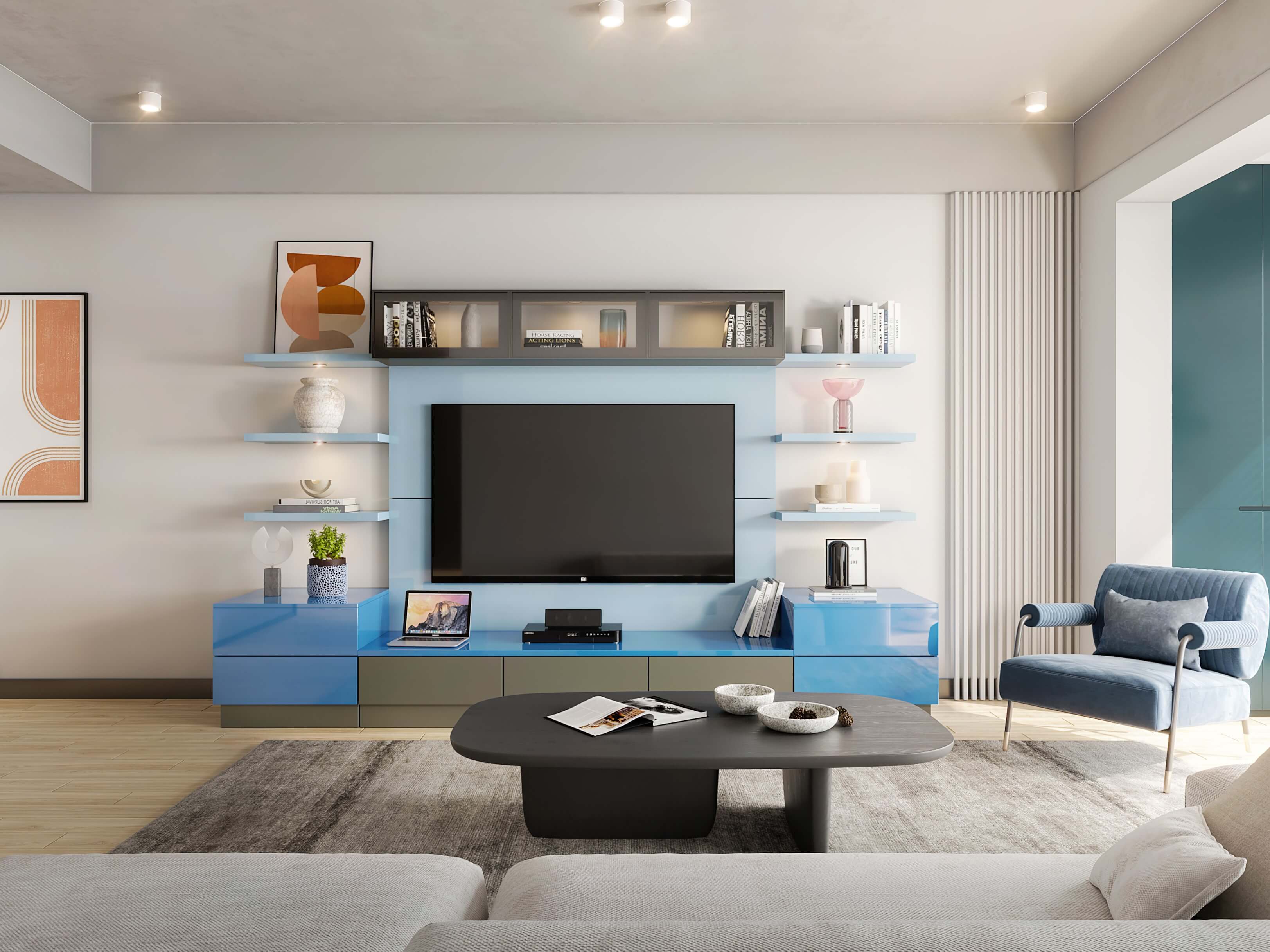 Minimal living room design with blue & grey tv unit ideas for your home - Beautiful Homes