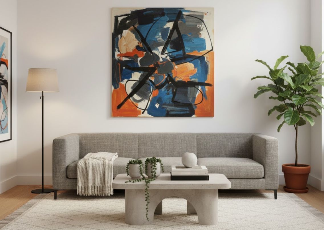 Living room with grey sofa and abstract wall art - Beautiful Homes